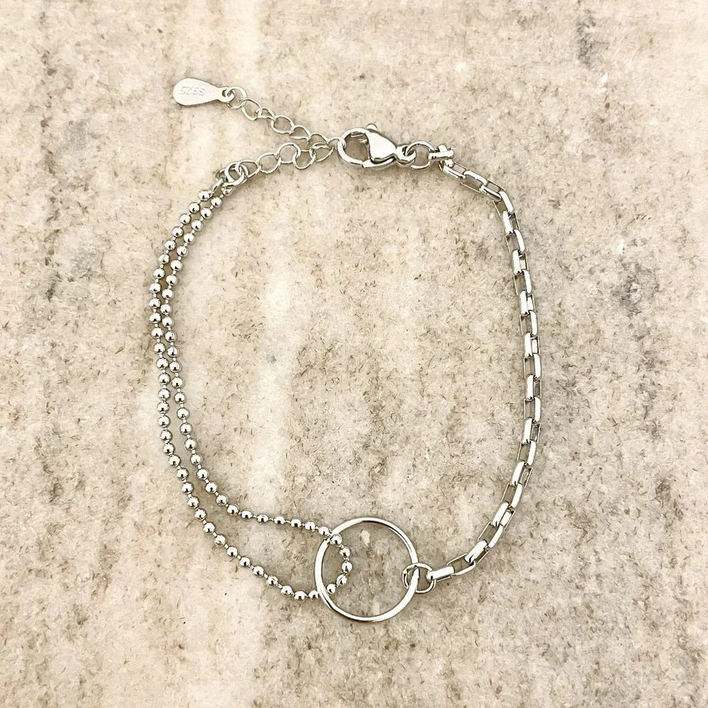 925 Sterling Silver Dainty Circle Bracelet Minimalist Asymmetric Chain Bracelet - Picture 2 of 4